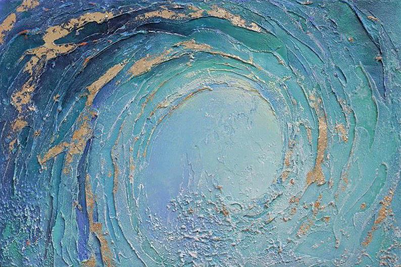 Blue Huge Wave Boho spiritual by Palette Knife wall decor detail texture Oil Paintings